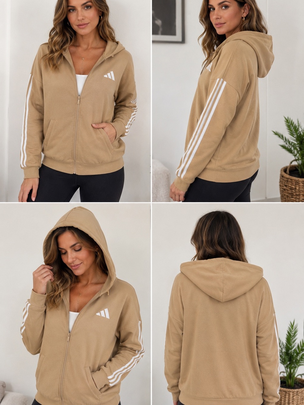 adidas Tan Zip Hoodie with White Stripe Sleeve Accents